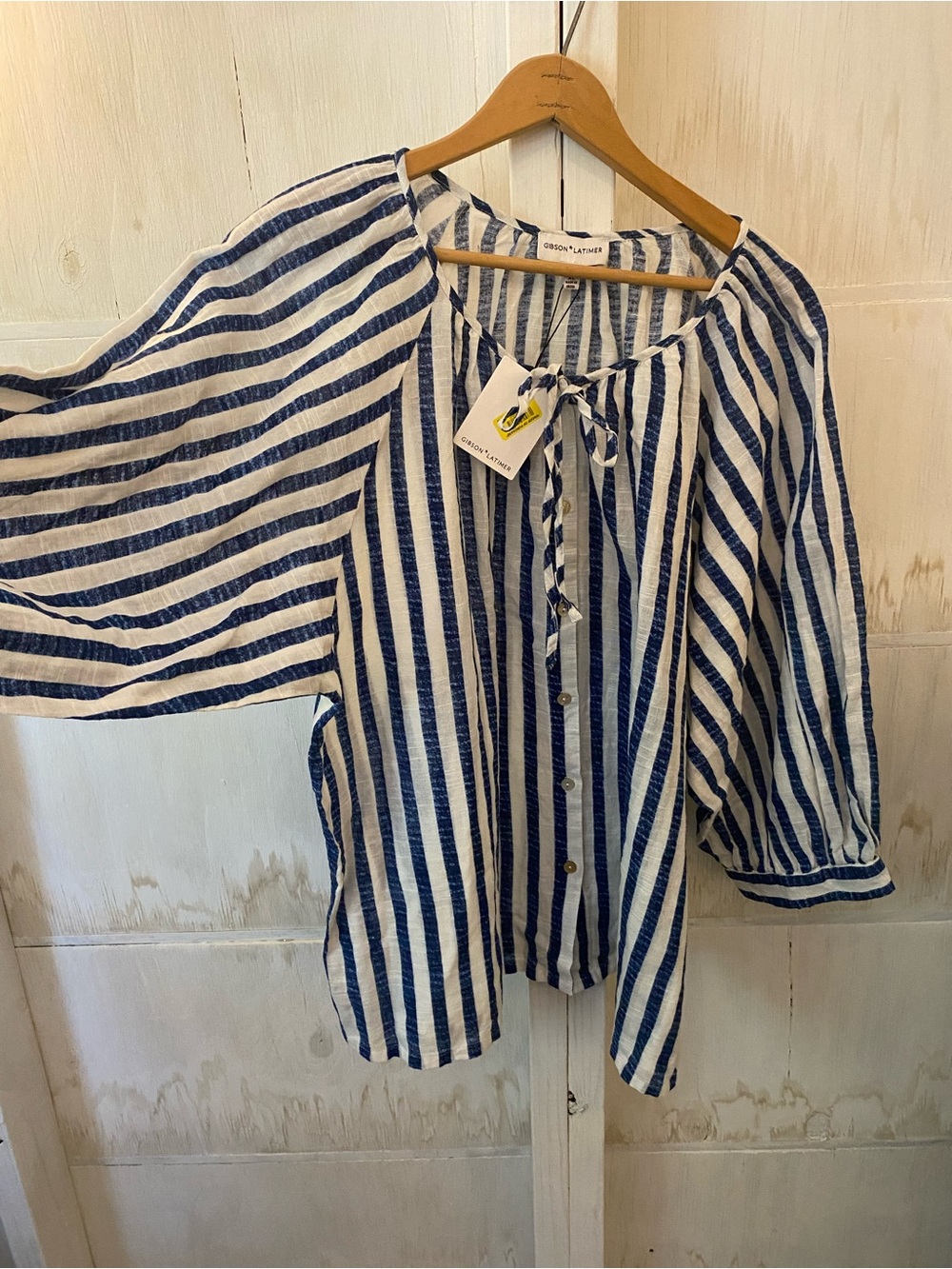 Gibson Latimer Navy and White Striped Button-Front Blouse